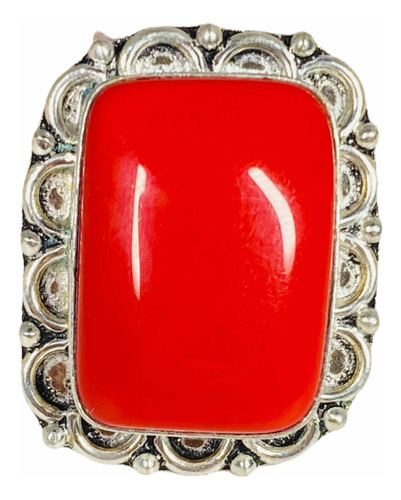 Anillo Rectangular Plata India Coral Rojo Cabujon Natural