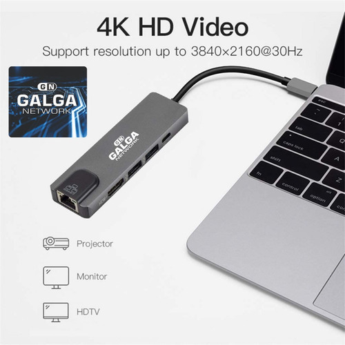 Imagen 8 de 10 de Adaptador Hub Usb C 5 En 1 Hdmi 4k/1tipoc/2usb 3.0/1rj45lan