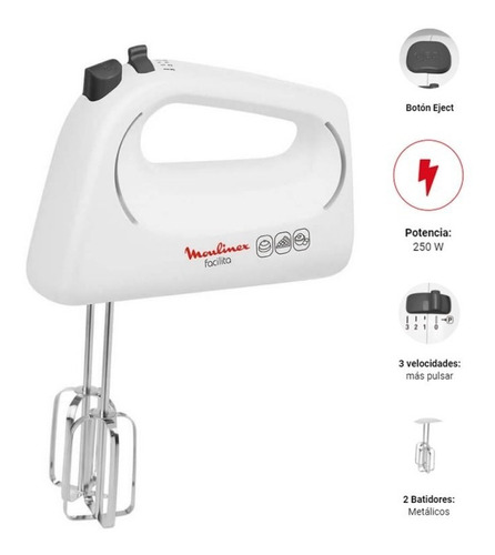 Imagen 2 de 10 de Batidora De Mano Moulinex Facilita Sx1502ar Blanca 250w