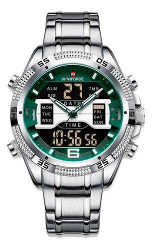 Reloj Naviforce Original 9201 Acero Inoxidable + Estuche Color De La Correa Plateado/verde