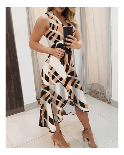 Vestido De Mujer Sexy Con Cuello En V Sin Mangas Impreso Con