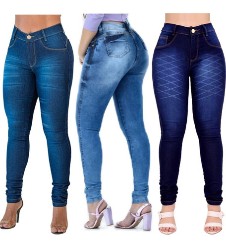 Kit 04 Calças Jeans Feminina Cintura Alta Empina Bumbum