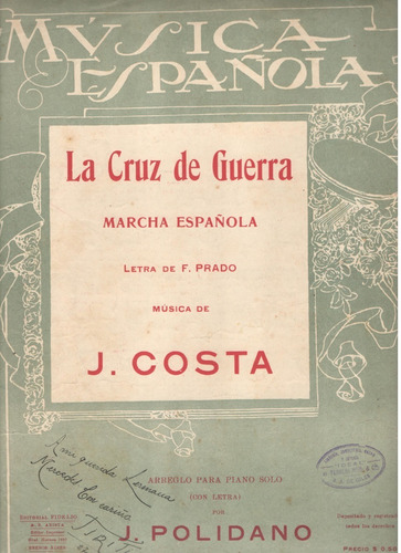 Partitura Original De La Marcha Española La Cruz De Guerra