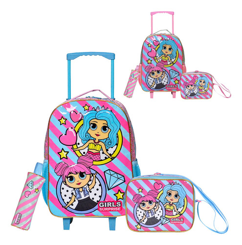 Kit Mochila Infantil Feminina Carrinho 16'' + Lancheira 10'