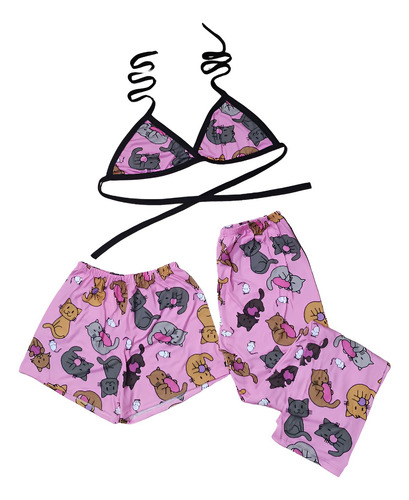Pijama De Mujer 3 Piezas Short Pantalon Y Top Gatitos Dama