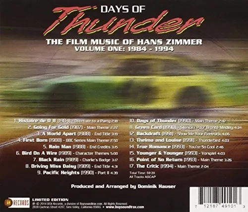 Zimmer Hans Days Of Thunder / O.s.t. Usa Import Cd Nuevo