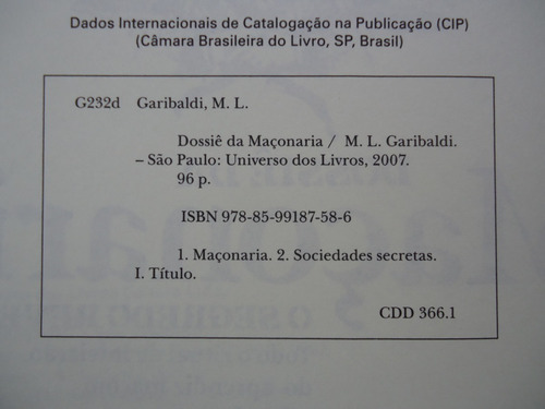 Livro Dossiê Da Maçonaria M. L. Garibaldi