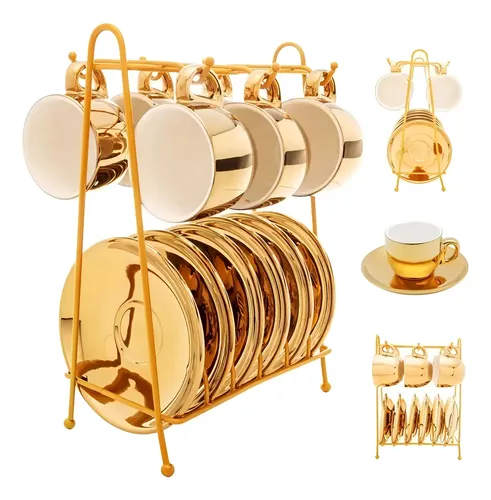 Conjunto De 6 Xícaras Com Pires Dourado Liso Porcelana Wolff