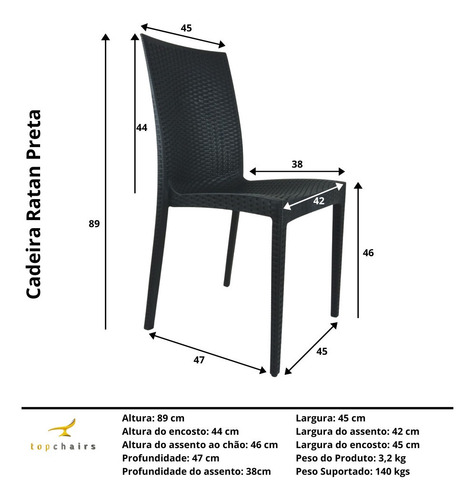 Cadeira Rattan Plástica Jardim Preto Reforçada Top Chairs