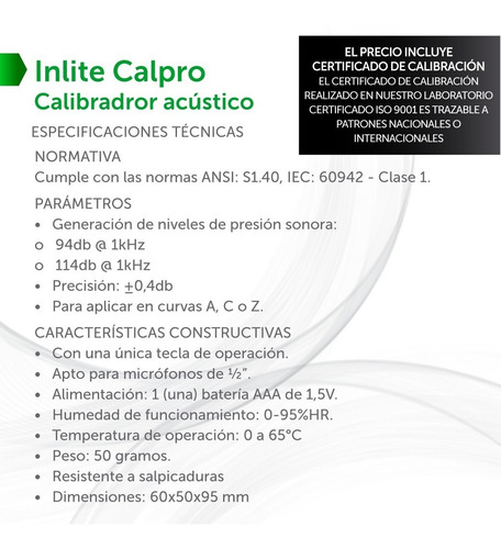 Calibrador Acústico Inlite Calpro Con Certif. De Calibración