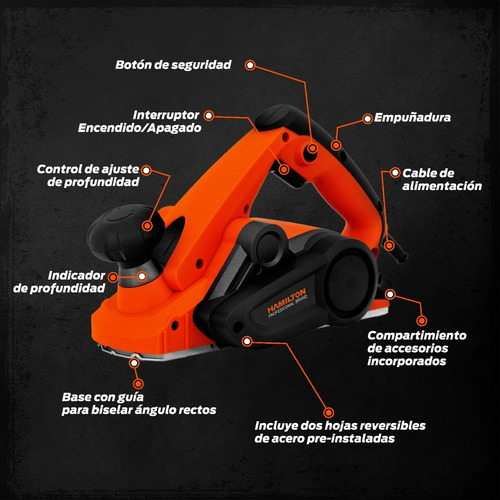 Imagen 11 de 12 de Cepillo Eléctrico De Mano Garlopa 82mm 220v 900w Con Accesorios - Hamilton Hce001