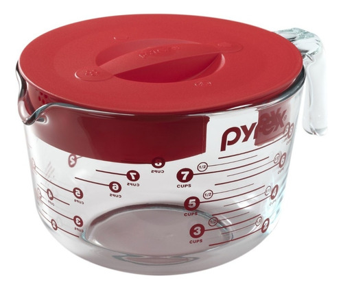 Jarra Medidora Con Tapa 2 Litros Pyrex Color Vidrio Transparente Con Tapa Plastica Roja