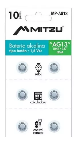 Pila Ag13 Lr44 A76 Mitzu Mp-ag13 1.55v Alcalina Paq 10pz