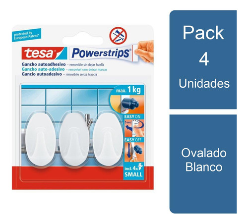 Pack 4x3 Ganchos Adhesivos Powerstrips Ovalado Blanco Tesa