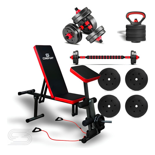 Banco Suporte Supino E Kit Halteres Kettlebell Dumbell Consport Preto