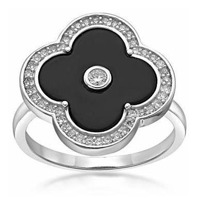 Anillo Con Flor De Ónix Negro En Plata De Ley 925 Con Baño D