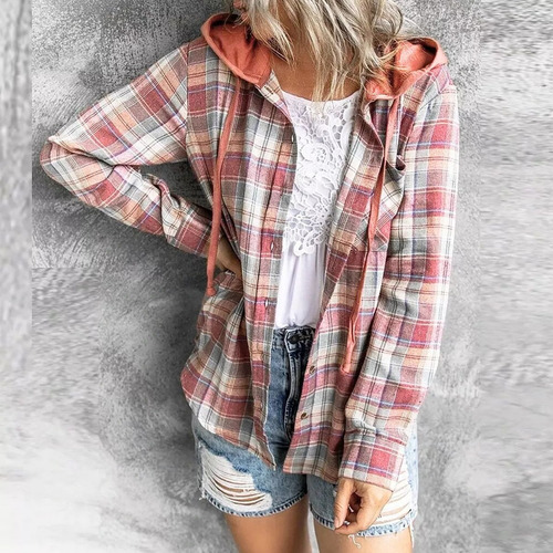 Camisas Manga Larga Para Mujer A Cuadros Con Capucha Cordón