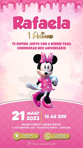 Convite Minnie Rosa Digital Interativo Online Whatsapp
