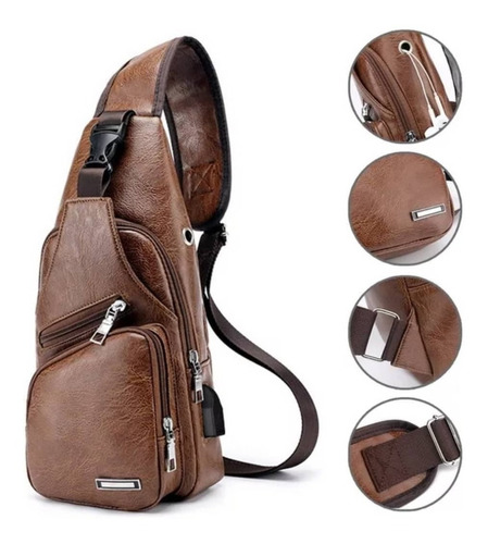 Mochila Bandolera Con Usb De Cuero Pu De Hombre - Audífonos 