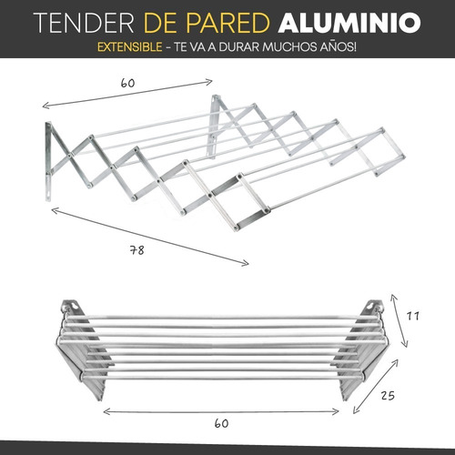 Imagen 4 de 8 de Tendedero Tender Pared Extensible Aluminio 60 Cm Reforzado