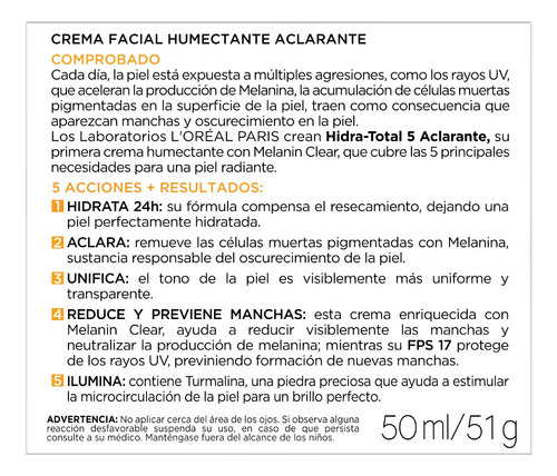 Imagen 3 de 7 de Crema Antimanchas, Hidra Total 5, Loreal, 50ml