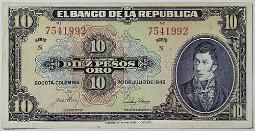 Billete 10 Pesos 20/jul/1943 Colombia Vf