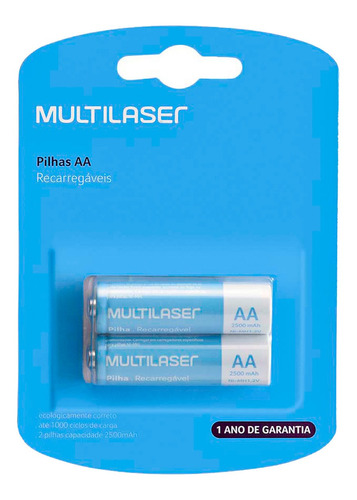 02 Pilhas Aa 2500mah Recarregável Multilaser 1 Cartela