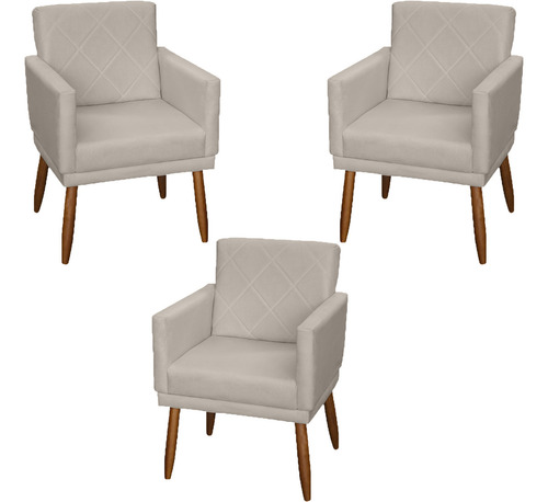 Kit 3 Poltronas Decorativas Para Recepção Consultório Cores Cor Bege Desenho Do Tecido Suede Liso