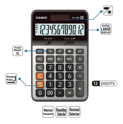 Calculadora De Escritorio Casio Ax-120b Gris 12 Dígitos Gris