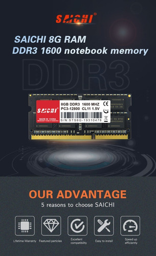 Imagen 3 de 5 de Memoria Ram Ddr3 Sodimm 8gb 1600mhz Nb3-12800 1.35v