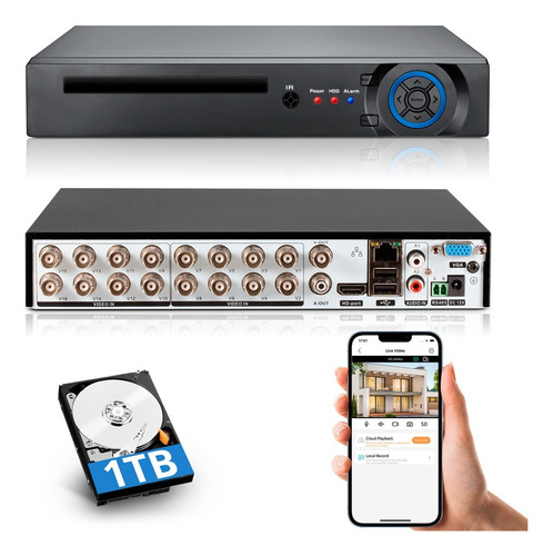 Dvr,16 Canales, 1080p, Ip, H265+, Hd, Audio Y Vídeo 1tb Disk
