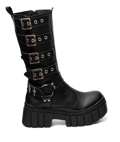 Bota Biker Mujer Alta Hebillas Confort Moda Elástico Brenda