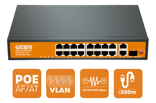 Switch 16 Portas Poe + 2 Portas Uplink + 1 Sfp Suite de Rede Haiz