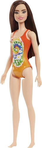 Barbie Muñeca De Playa Con Traje De Baño Naranja Con Flores