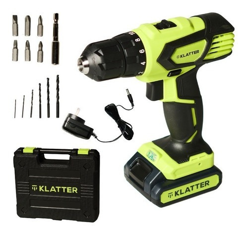 Imagen 1 de 2 de Taladro eléctrico destornillador Klatter ML-GS18009 inalámbrico 1500rpm 50Hz/60Hz 14.4W verde/negro 100V/240V 14.4V con maletín de transporte