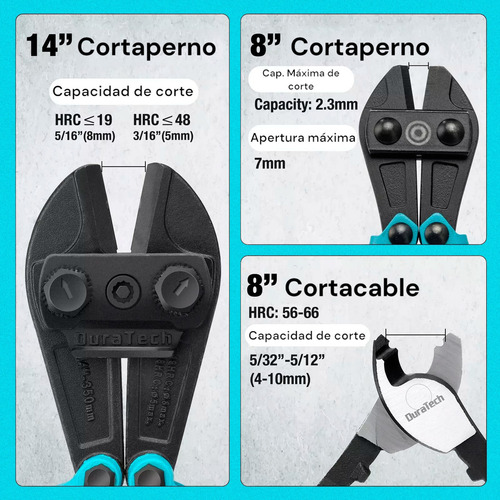 Juego Kit Set De Alicates Pinzas Para Cortar Pernos De 3 Piezas Duratech de 8", 14" y Cortador de Cables de 8"