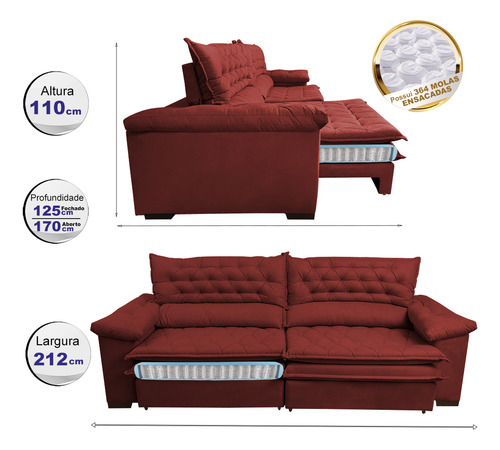 Sofá Retrátil, Reclinável Molas Ensacada Cama inBox Botonê 2,12m Espuma Viscoelástico Suede Vermelho