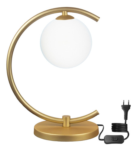 Luminaria De Mesa Para Quarto Abajur Com Globo De Vidro Full Cúpula Branco Estrutura Dourado 127/220V