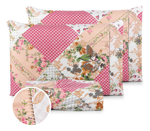 Jogo De Lençol Casal Percal 400 Fios 3 Peças Conforto Macio Cor Patchwork Rosê Desenho Do Tecido Estampado