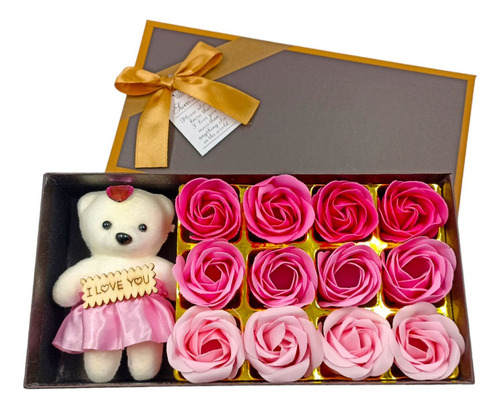 Caja De Para Novia O Mamá Con Oso Y Rosas Aromáticas Color Rosa