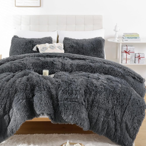 Smoofy Faux Fur Comforter Set Queen Size 3pcs Dark Grey Fluf