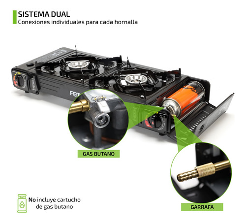 Imagen 2 de 7 de Anafe Portatil 2 Hornallas Quemadores Camping Adaptador Dual