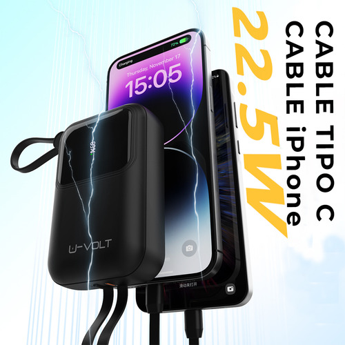 Power Bank Batería Portátil 10000mah Carga Rápida 22.5w Con 3 Cables Incorporados Tipo C Iph Usb Pantalla Digital U-volt Cargador Compatible Con iPhone Samsung Motorola Xiaomi Huawei Color Negro