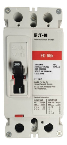 Breaker Interruptor Ed 2 X 200 240v 65 Ka Eaton  (ed2200) Ms