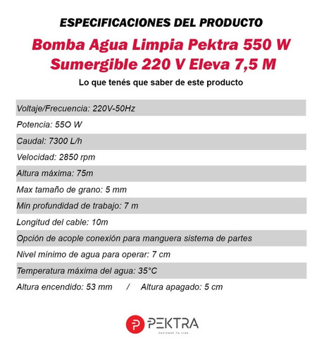 Imagen 4 de 6 de Bomba Agua Limpia Pektra 550 W Sumergible 220 V Eleva 7,5 M