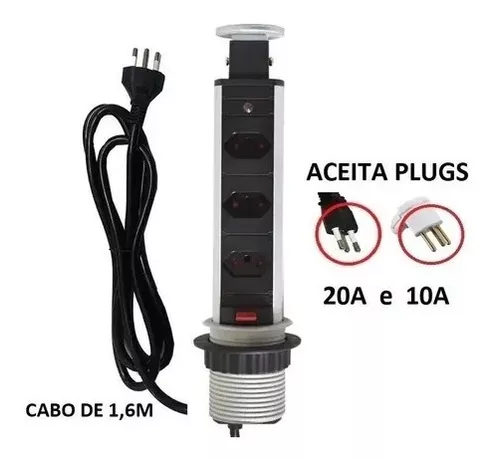 Torre De Tomada Retrátil Multiplug 3 Tomadas 20a - Cinza