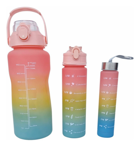 Pack 3 Botellas Agua Motivacionales 2 Lts, 900 Ml Y 300 Ml