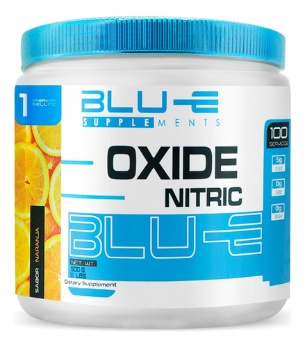 Óxido Nítrico Blu-e 500g 100 Serv Varios Sabores Pre Entreno Naranja