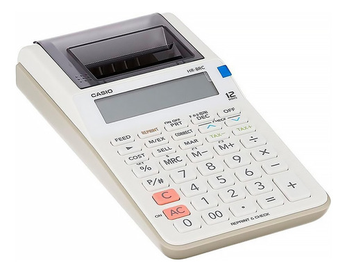 Calculadora básica blanca Casio HR-8rc con bobina de impresora blanca