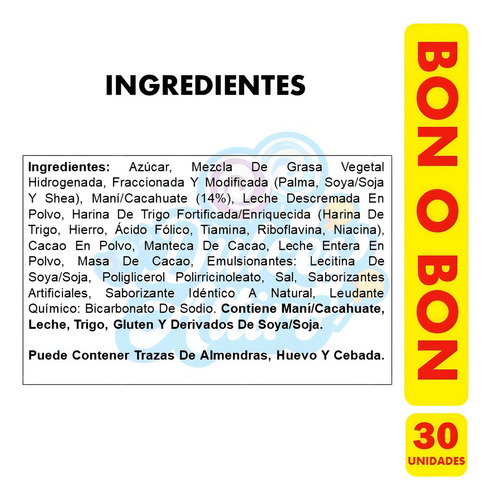 Bombón Bon O Bon Chocolate Leche 30 Un. X 15 Grs